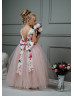 Floral Printed Satin Tulle V Back Flower Girl Dress